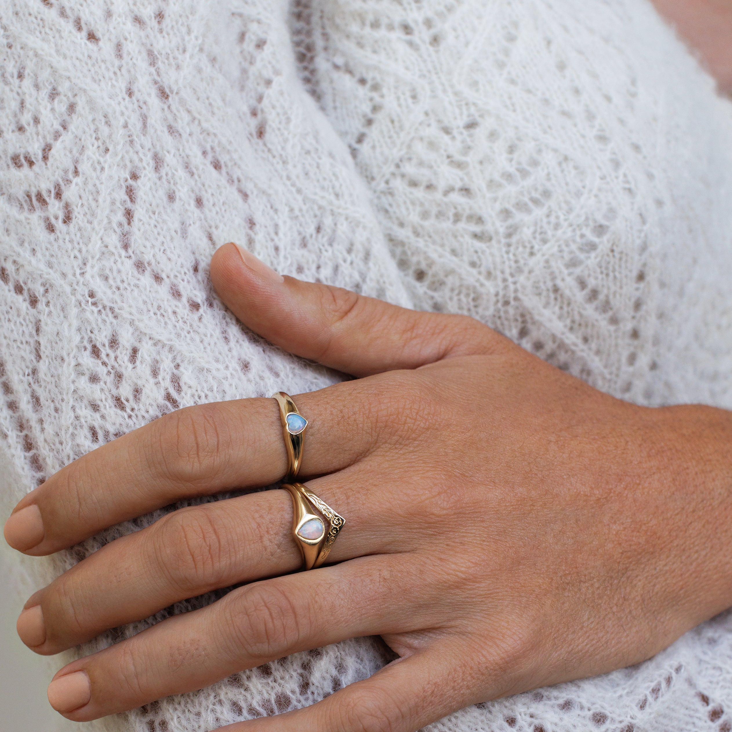 Opal Heart Signet Ring